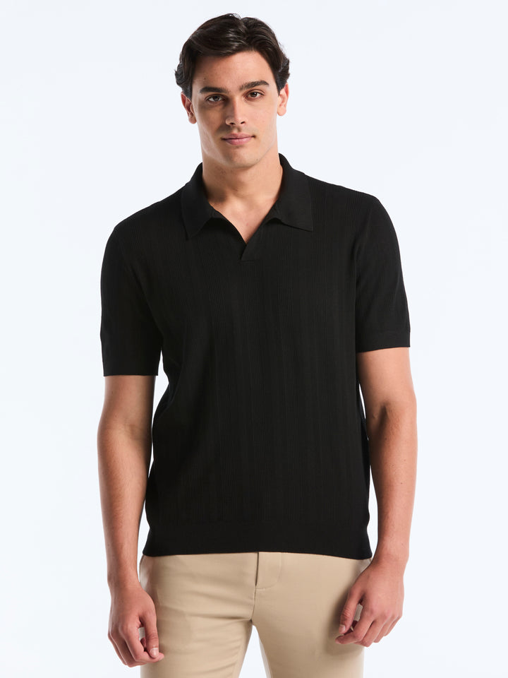 Short Sleeve Tech Mesh Stripe Polo Sweater (Black) 
