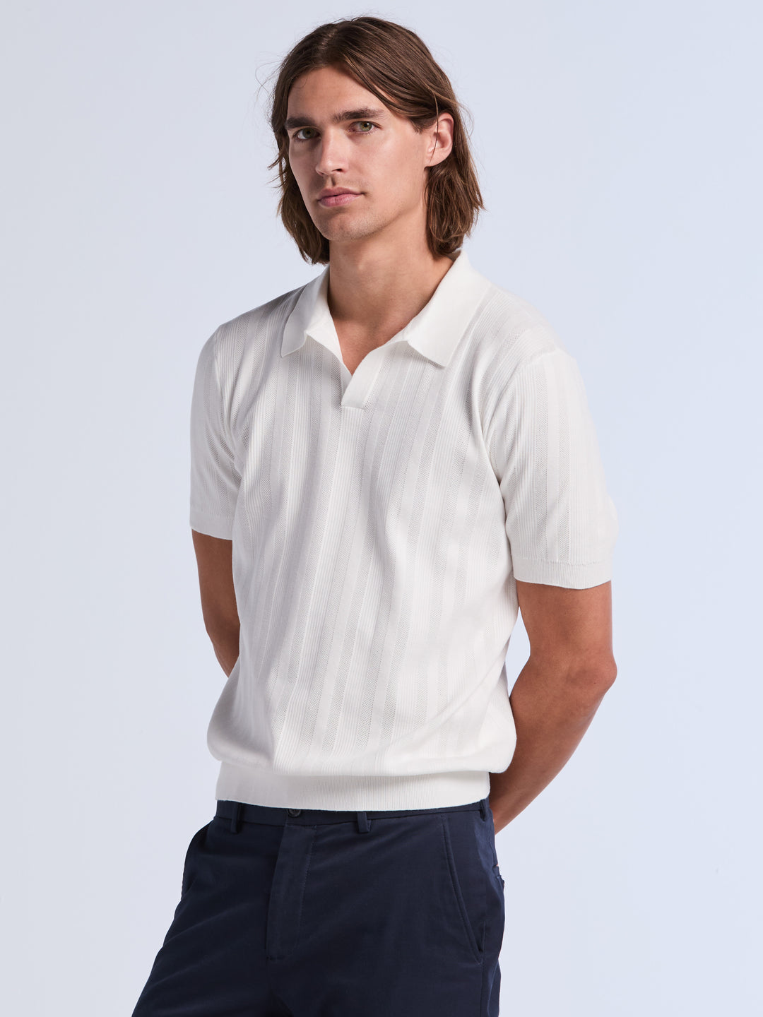 Short Sleeve Tech Mesh Stripe Polo Sweater (Bright White) 