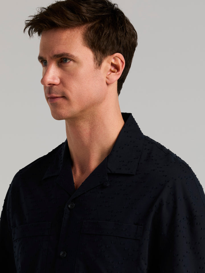Oversized Double Pocket Clipped Dobby Cotton Shirt (Dark Sapphire) 