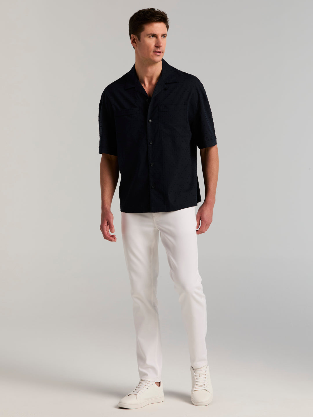 Oversized Double Pocket Clipped Dobby Cotton Shirt (Dark Sapphire) 