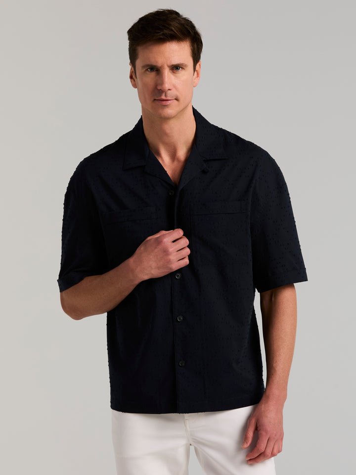 Oversized Double Pocket Clipped Dobby Cotton Shirt (Dark Sapphire) 