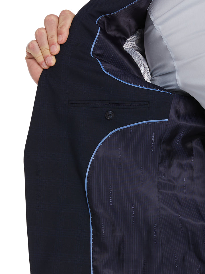 Textured Fashion Plaid Suit Jacket (Navy) 