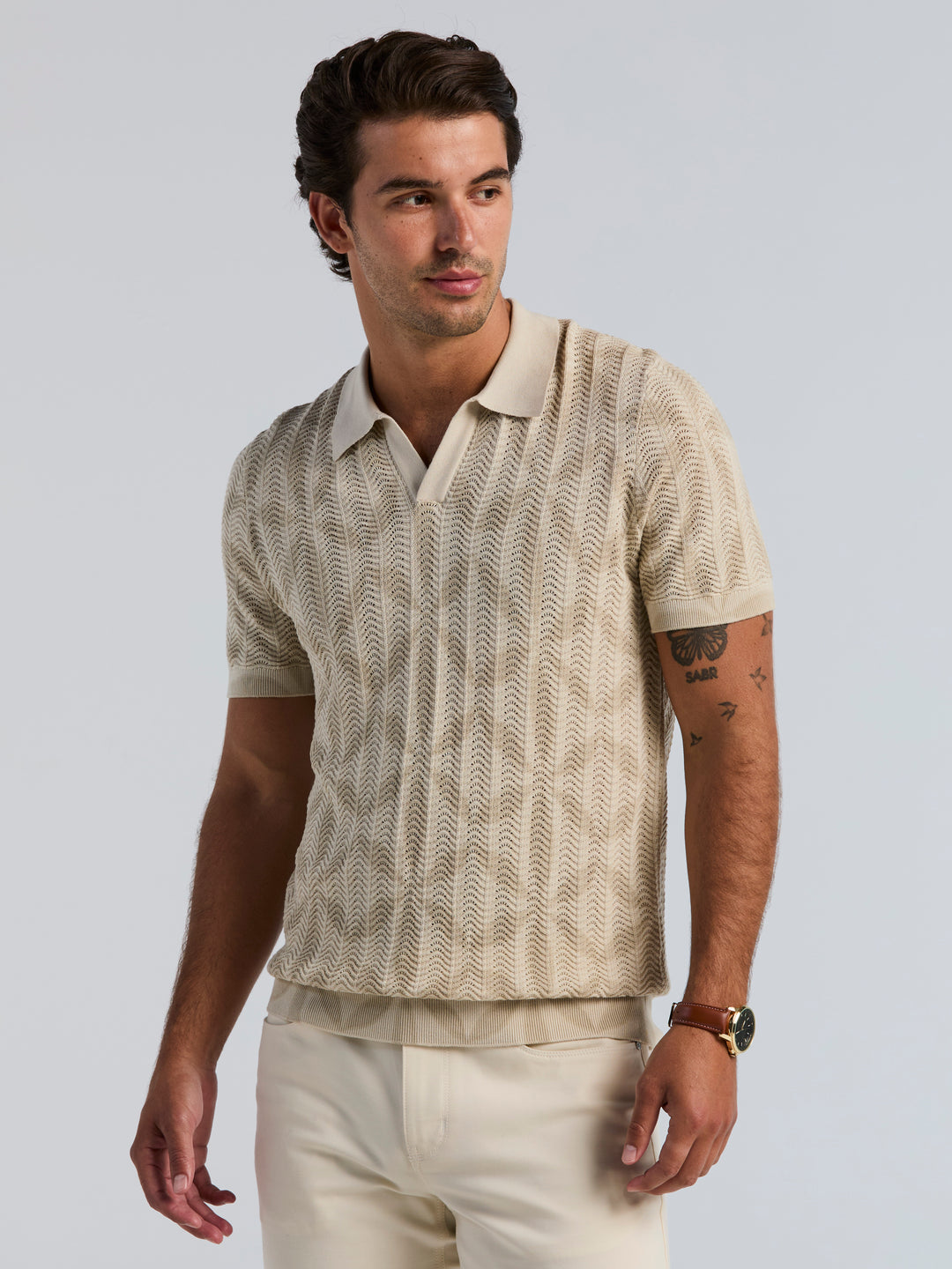 Textured Geometric Knit Sweater Polo