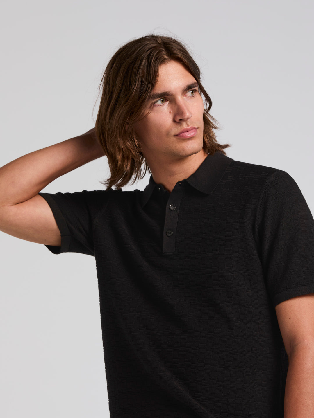 Textured Cotton Modal Polo Sweater (Black) 