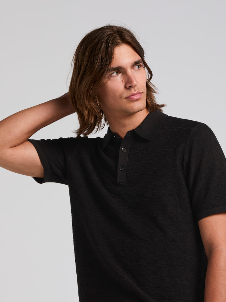 Textured Cotton Modal Polo Sweater (Black) 
