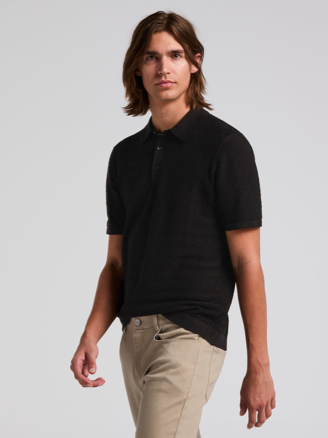 Textured Cotton Modal Polo Sweater (Black) 
