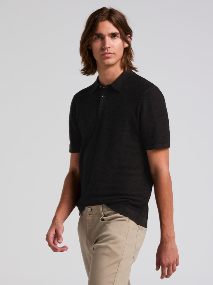 Textured Cotton Modal Polo Sweater (Black) 