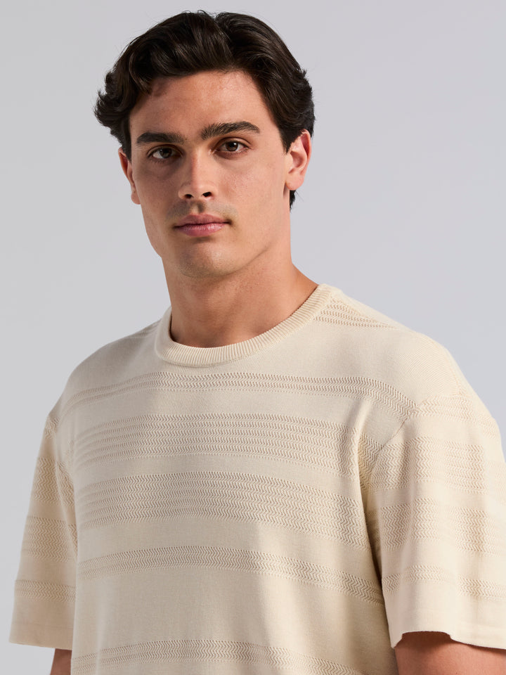 Short Sleeve Textured Stripe Crew Neck Sweater (Turtledove) 