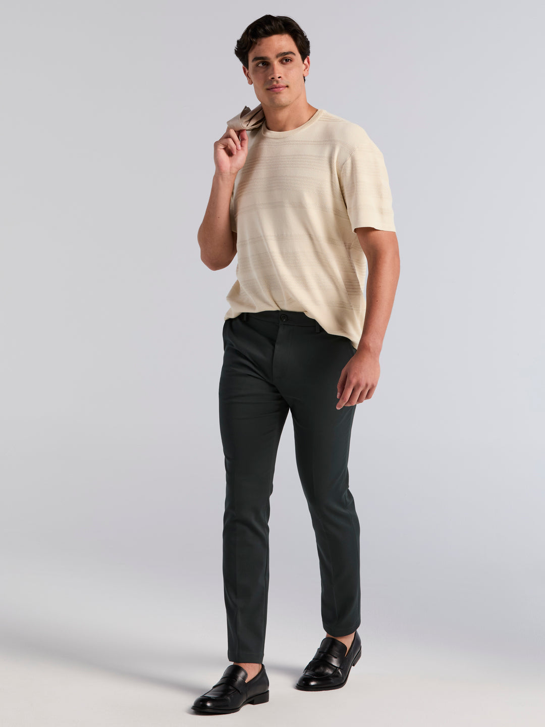 Short Sleeve Textured Stripe Crew Neck Sweater (Turtledove) 