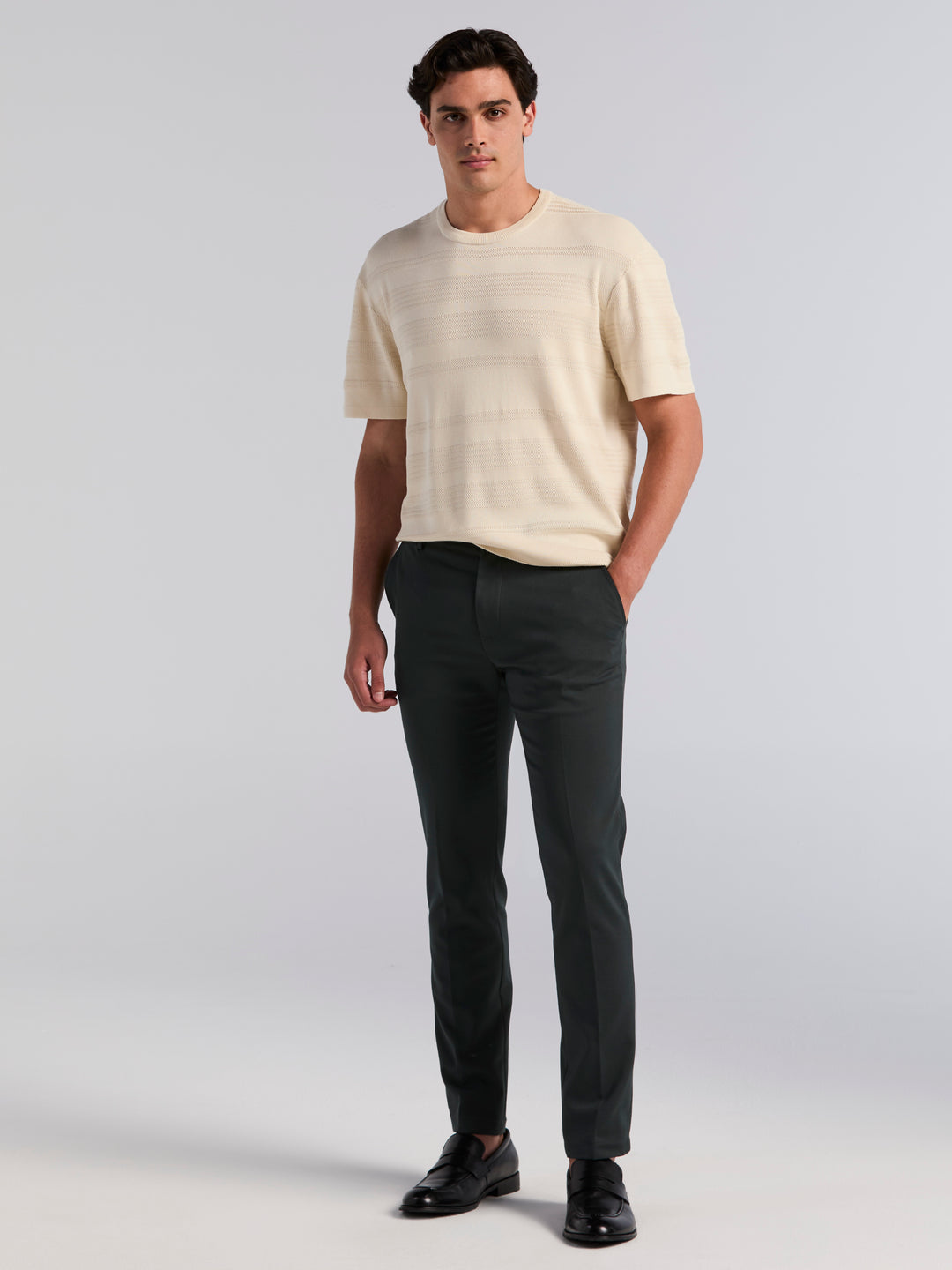 Short Sleeve Textured Stripe Crew Neck Sweater (Turtledove) 