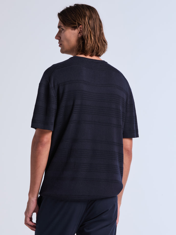 Short Sleeve Textured Stripe Crew Neck Sweater (Dark Sapphire) 