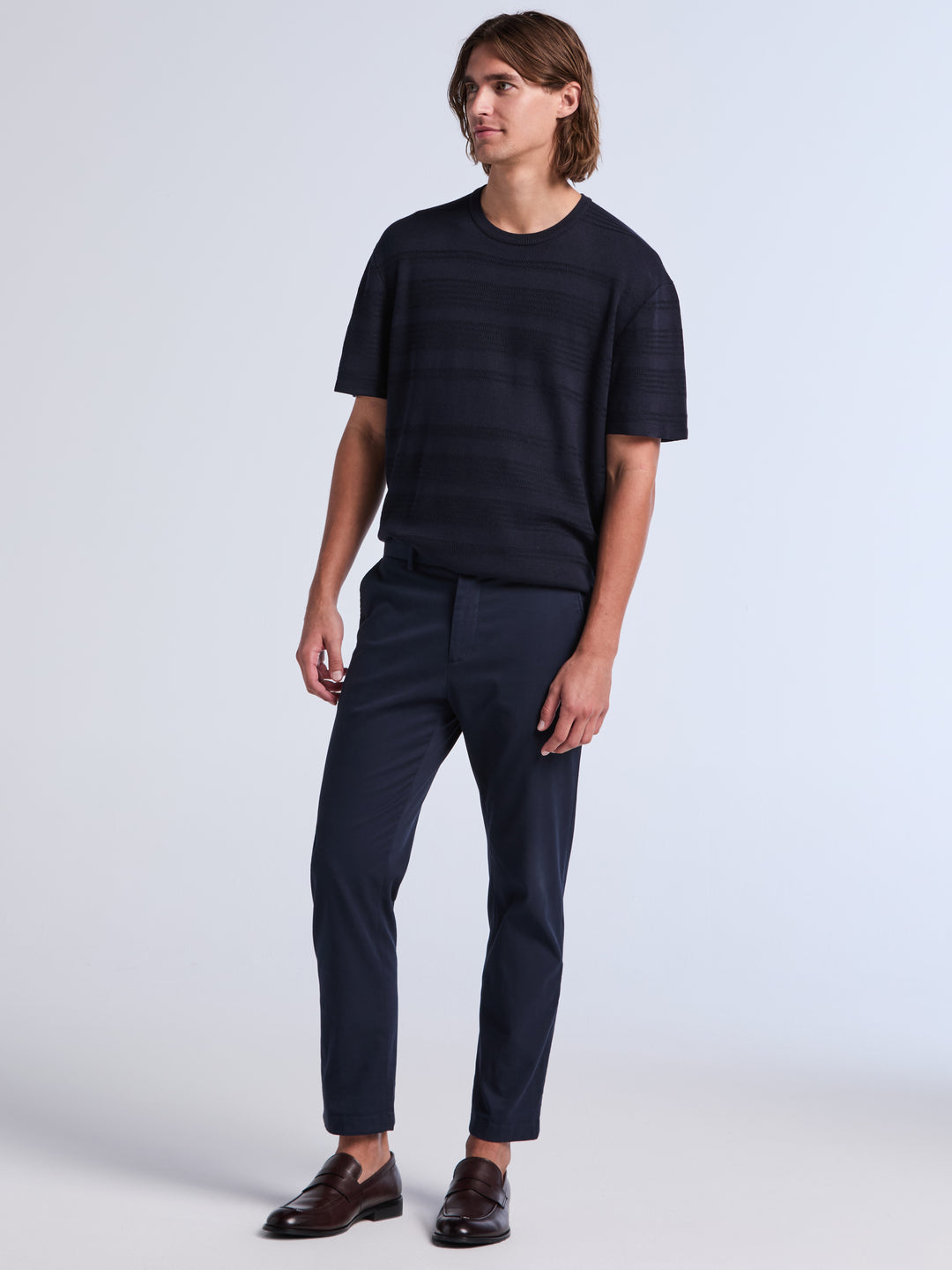 Short Sleeve Textured Stripe Crew Neck Sweater (Dark Sapphire) 