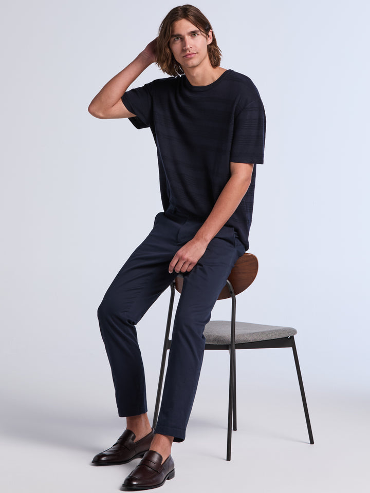 Short Sleeve Textured Stripe Crew Neck Sweater (Dark Sapphire) 