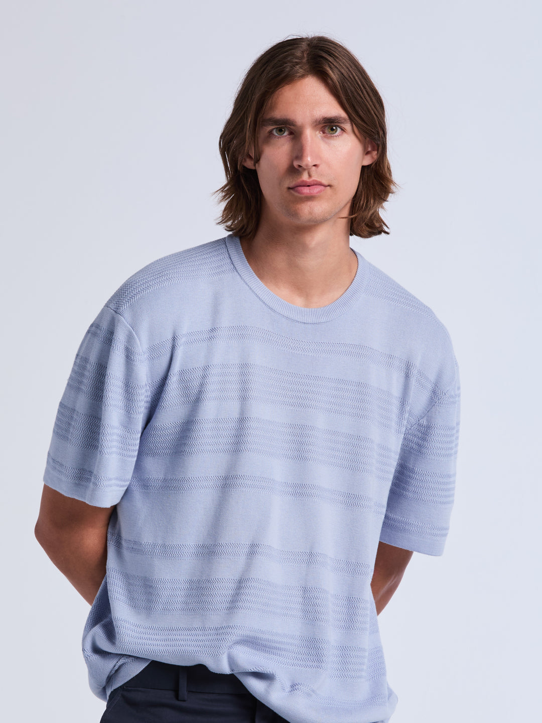 Short Sleeve Textured Stripe Crew Neck Sweater (Kentucky Blue) 
