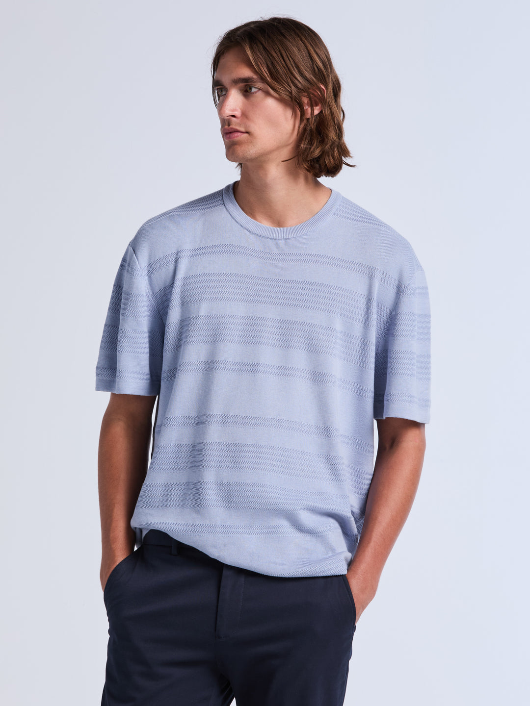 Short Sleeve Textured Stripe Crew Neck Sweater (Kentucky Blue) 