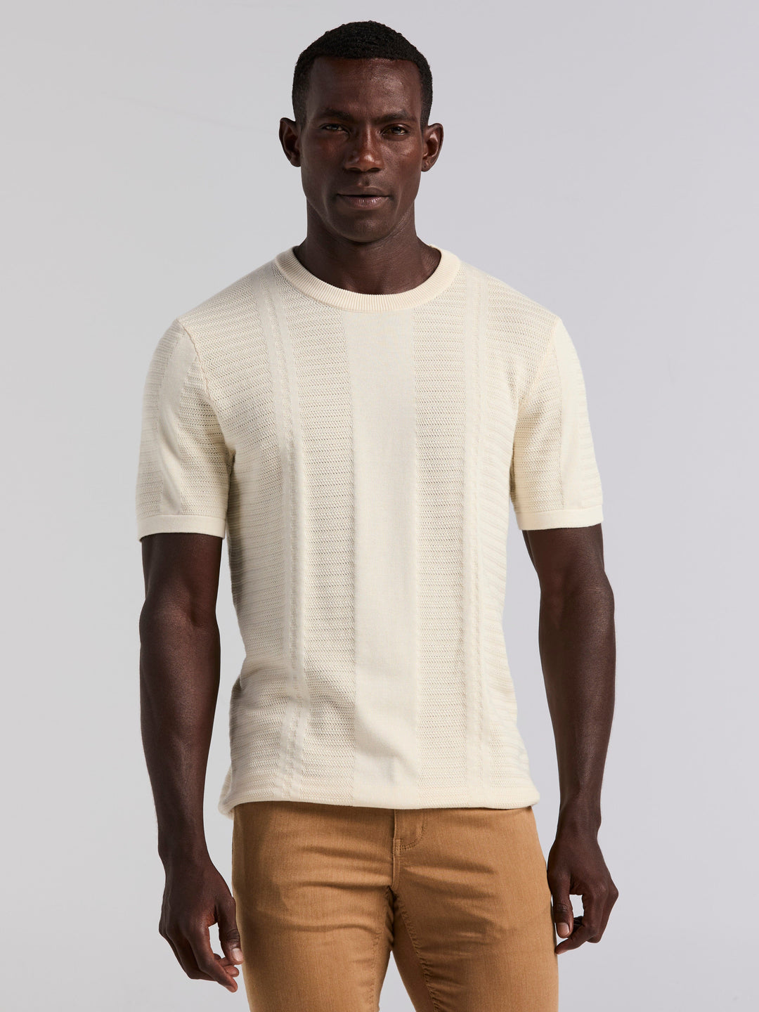 Short Sleeve Textured Stripe Crew Neck Sweater (Birch) 