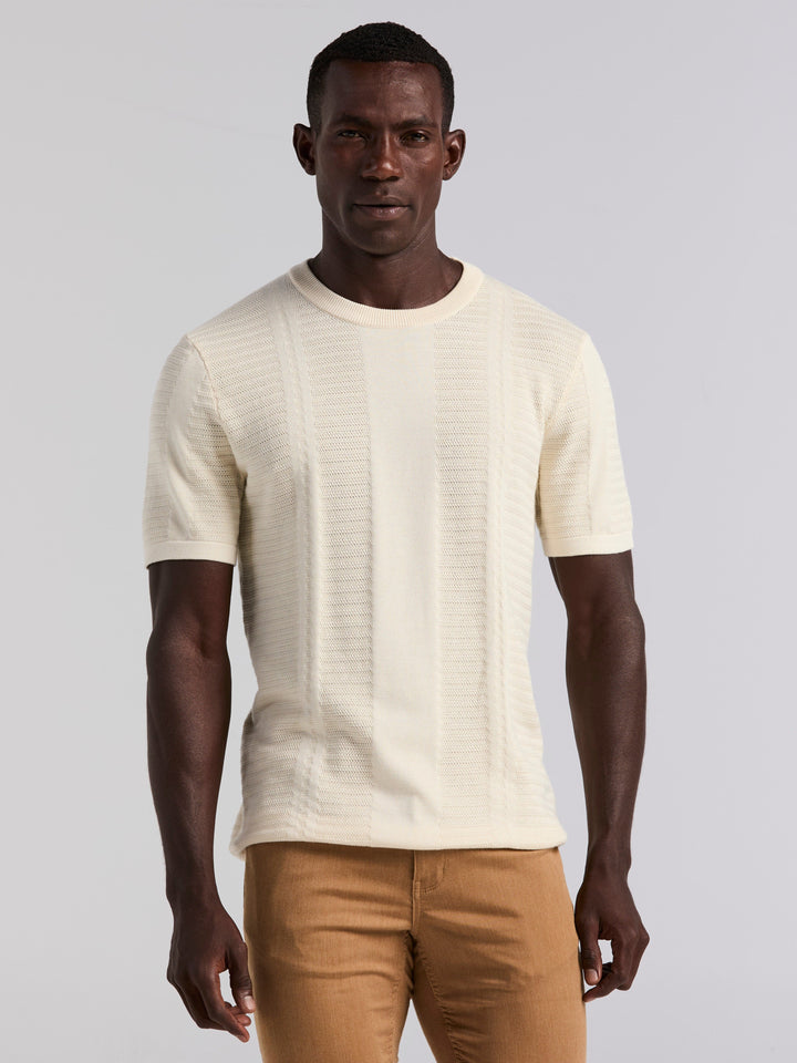 Short Sleeve Textured Stripe Crew Neck Sweater (Birch) 