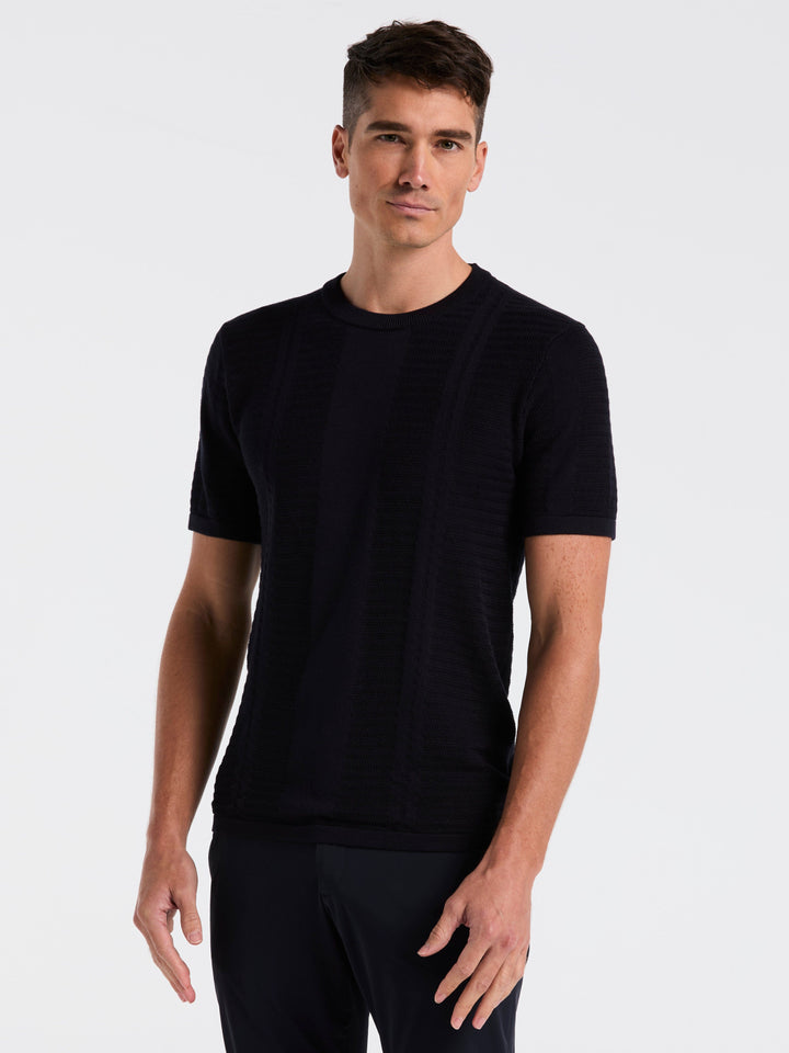 Short Sleeve Textured Stripe Crew Neck Sweater (Dark Sapphire) 