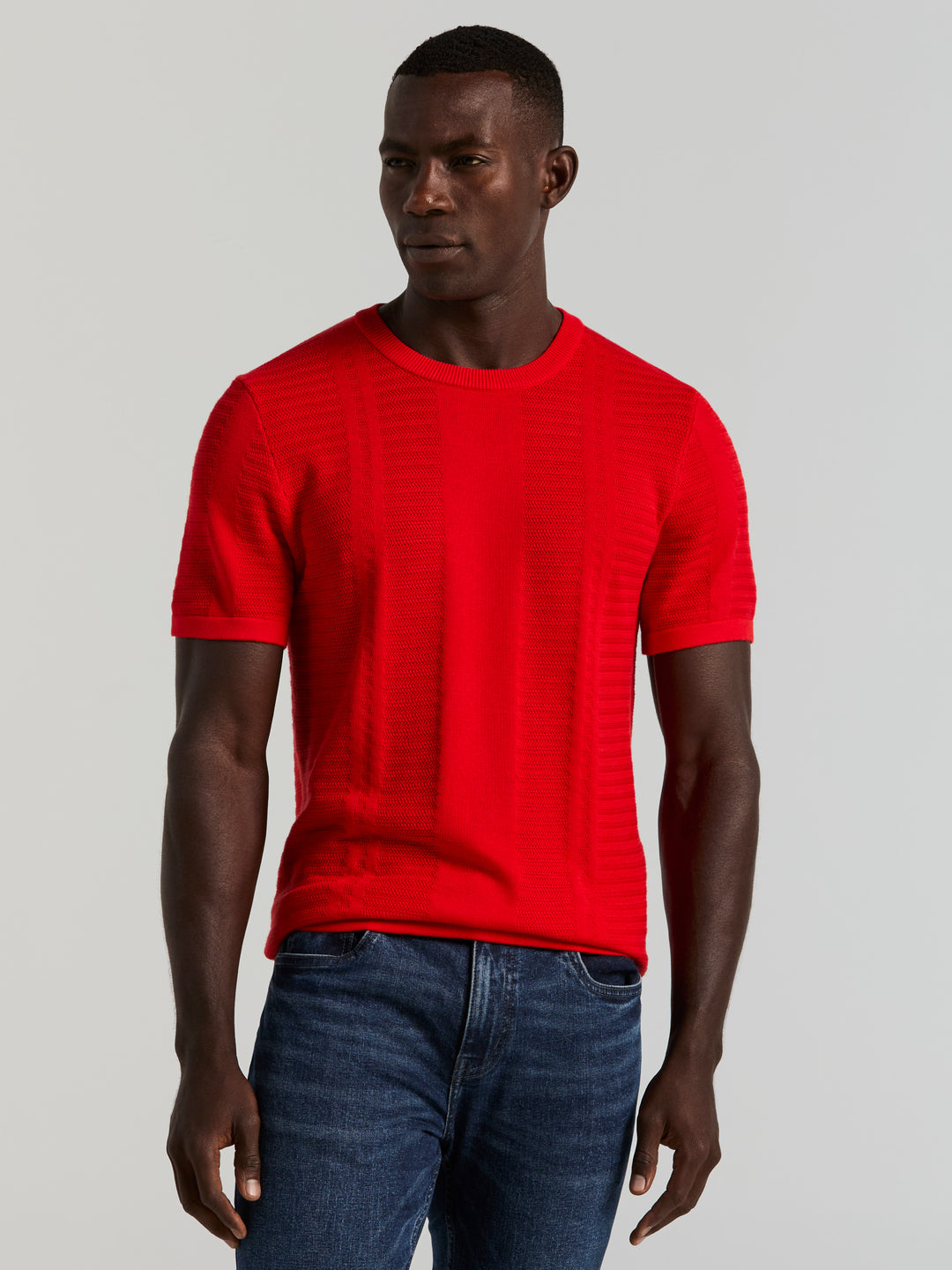 Short Sleeve Textured Stripe Crew Neck Sweater (Racing Red) 