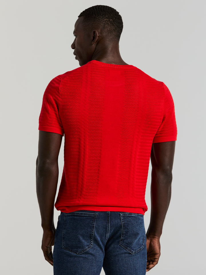 Short Sleeve Textured Stripe Crew Neck Sweater (Racing Red) 