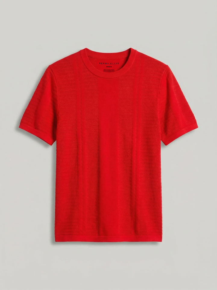 Short Sleeve Textured Stripe Crew Neck Sweater (Racing Red) 