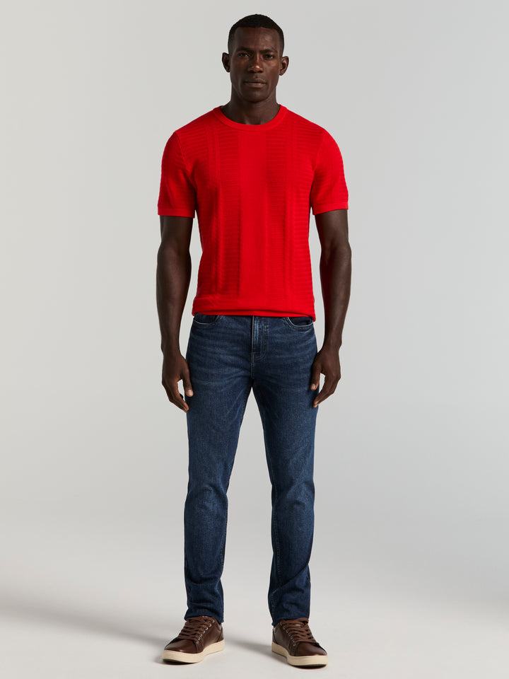 Short Sleeve Textured Stripe Crew Neck Sweater (Racing Red) 