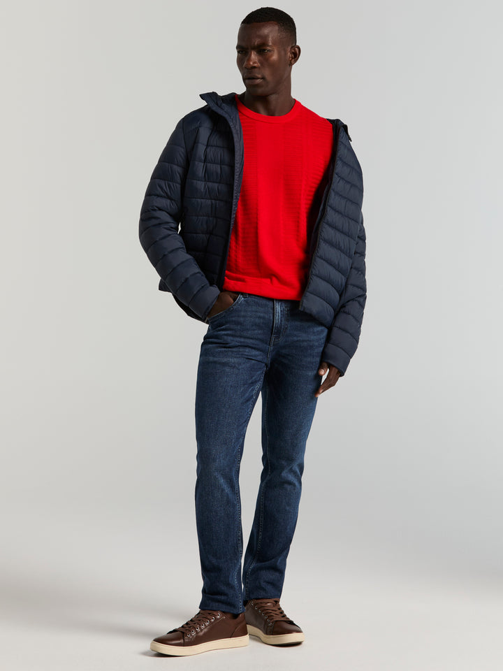 Short Sleeve Textured Stripe Crew Neck Sweater (Racing Red) 