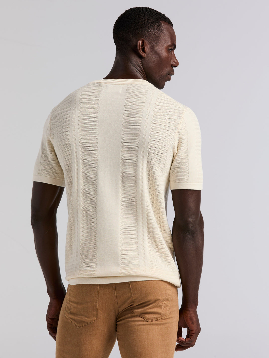 Short Sleeve Textured Stripe Crew Neck Sweater (Birch) 