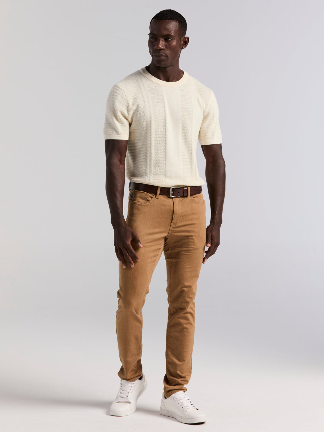 Short Sleeve Textured Stripe Crew Neck Sweater (Birch) 