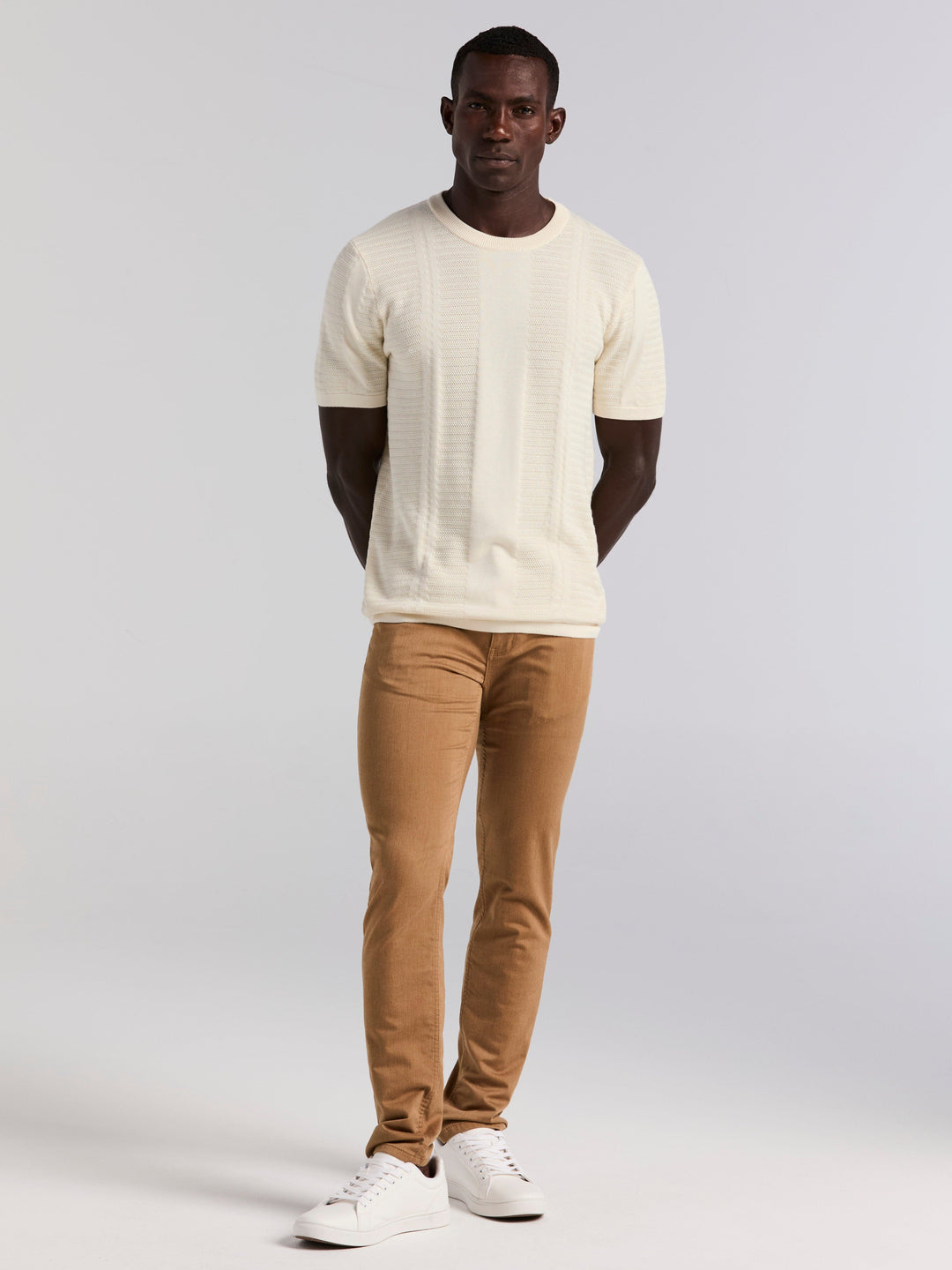 Short Sleeve Textured Stripe Crew Neck Sweater (Birch) 