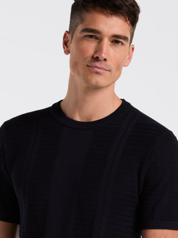 Short Sleeve Textured Stripe Crew Neck Sweater (Dark Sapphire) 