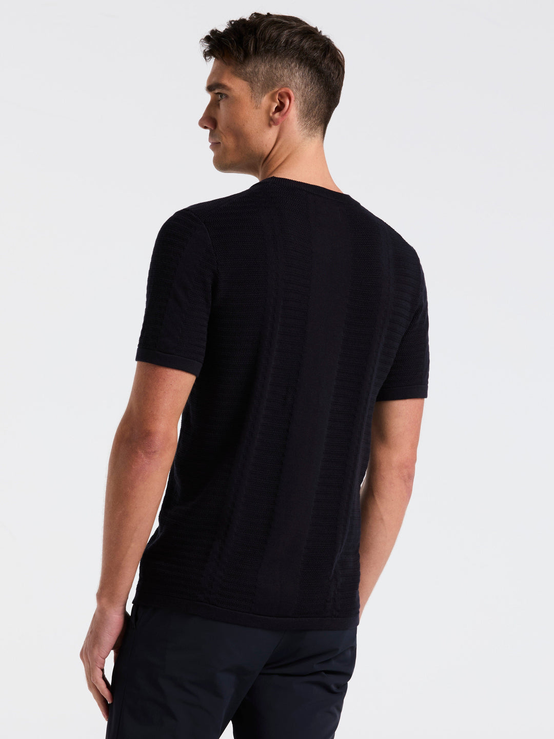 Short Sleeve Textured Stripe Crew Neck Sweater (Dark Sapphire) 