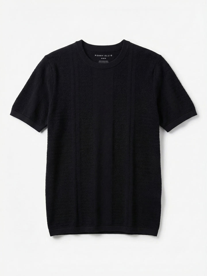 Short Sleeve Textured Stripe Crew Neck Sweater (Dark Sapphire) 