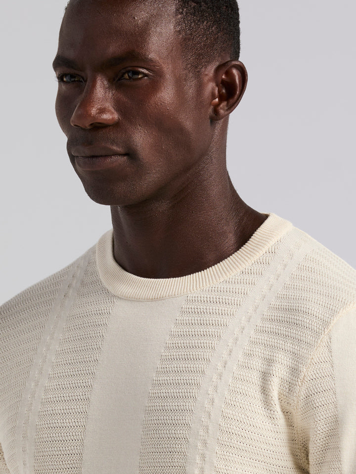 Short Sleeve Textured Stripe Crew Neck Sweater (Birch) 