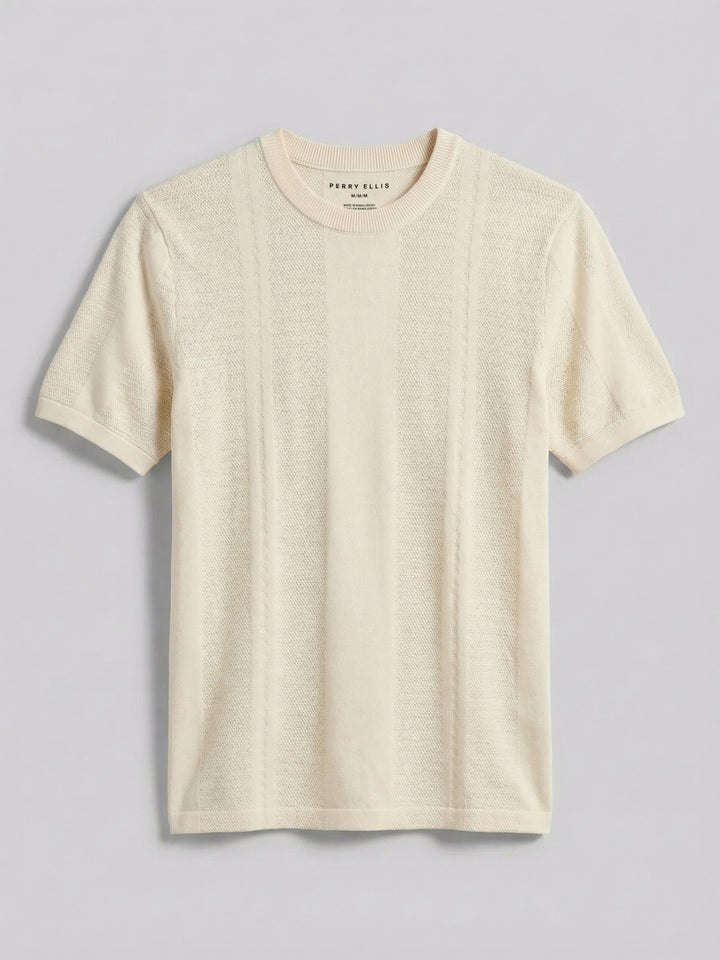 Short Sleeve Textured Stripe Crew Neck Sweater (Birch) 
