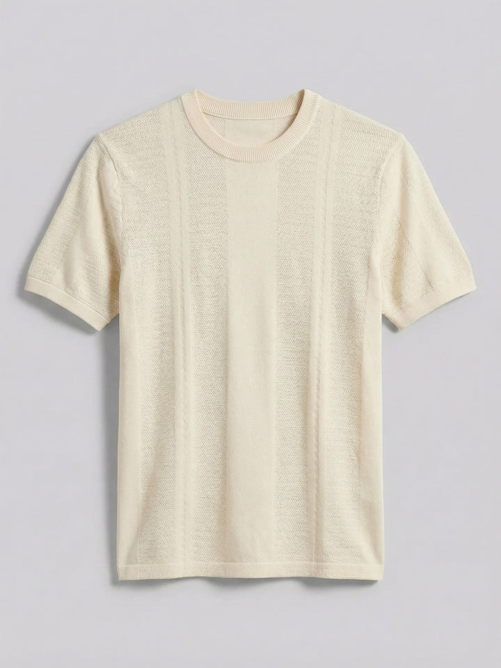 Short Sleeve Textured Stripe Crew Neck Sweater (Birch) 