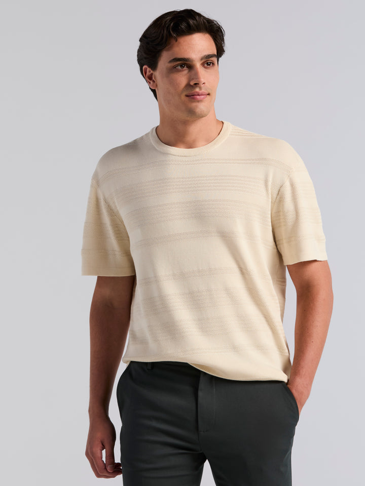 Short Sleeve Textured Stripe Crew Neck Sweater (Turtledove) 