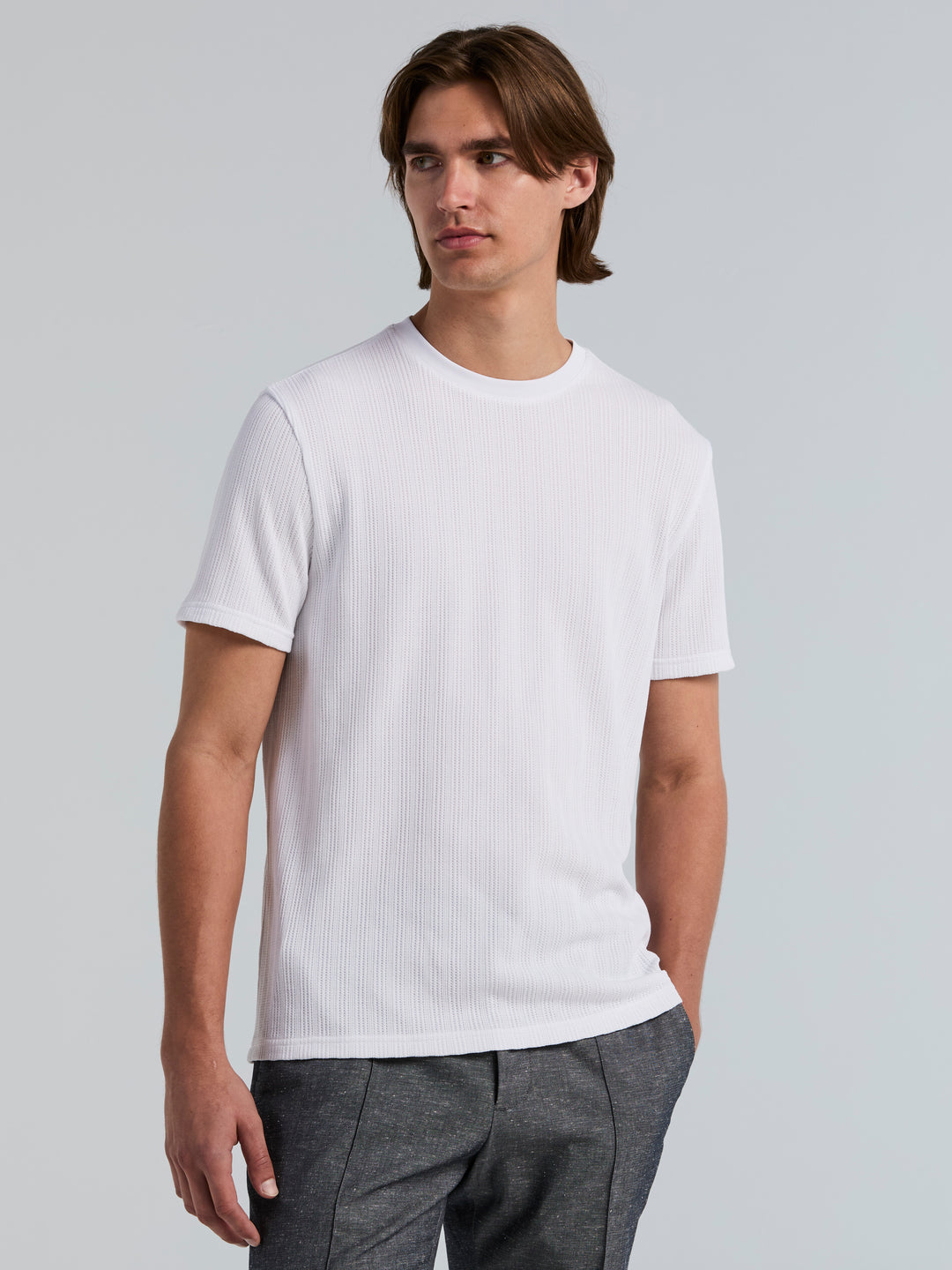 Poly Textured Stripe Crew Neck Tee (Bright White) 