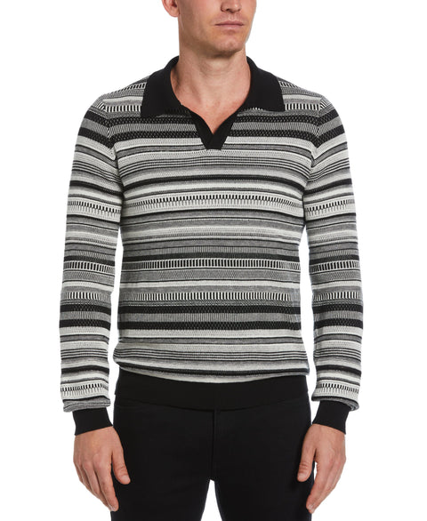 Striped Jacquard Polo Sweater (Egret) 