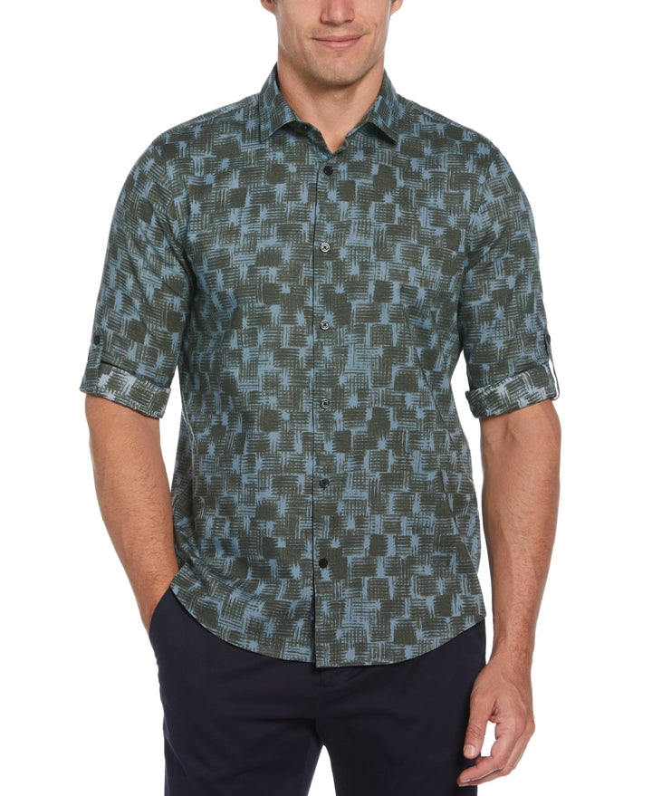 Untucked Geometric Line Print Shirt (Cilantro) 