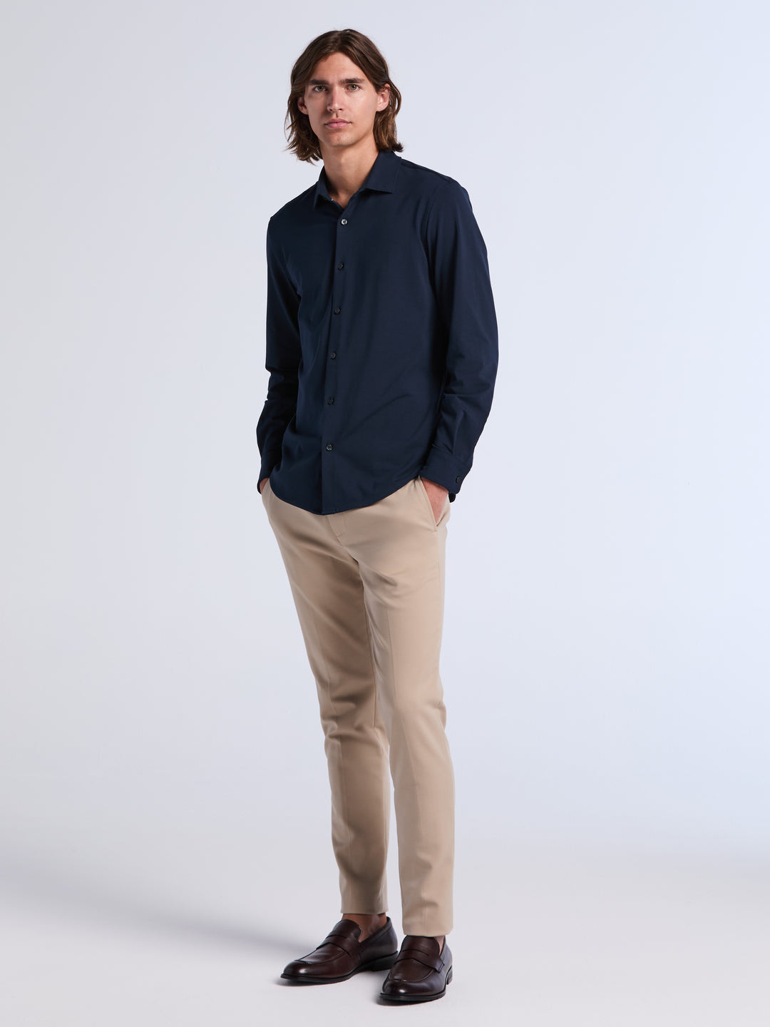 Untucked Long Sleeve Cotton Shirt (Dark Sapphire) 
