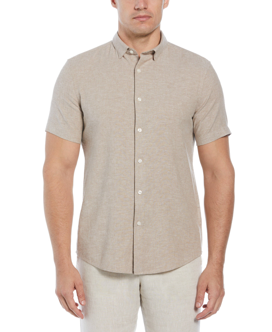 Men's Untucked Linen Heather Shirt - Beige Perry Ellis Men's Untucked Linen Heather Shirt - Beige Perry Ellis