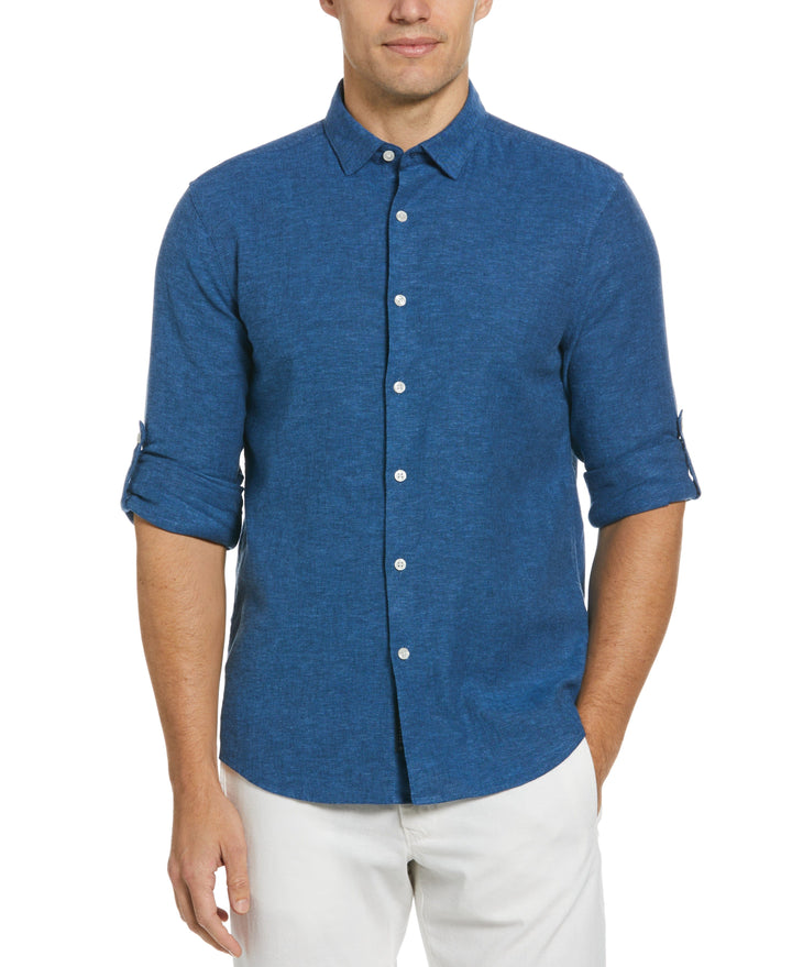 Untucked Slim Fit Linen Blend Rolled Sleeve Stripe Shirt (Delft) 