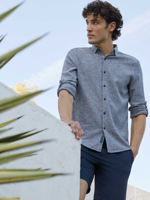 Untucked Slim Fit  Linen Blend Rolled Sleeve Shirt