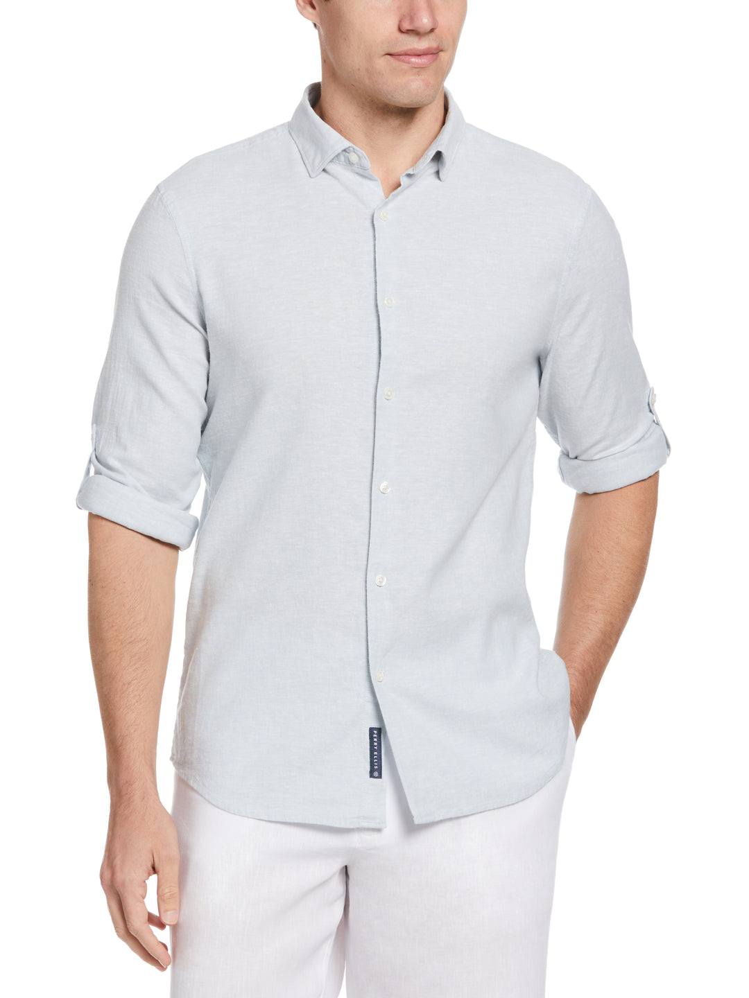 Untucked Linen Blend Stripe Shirt (Dusty Blue) 
