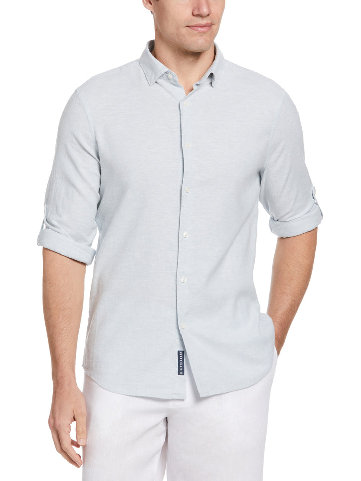 Untucked Linen Blend Stripe Shirt (Dusty Blue) 