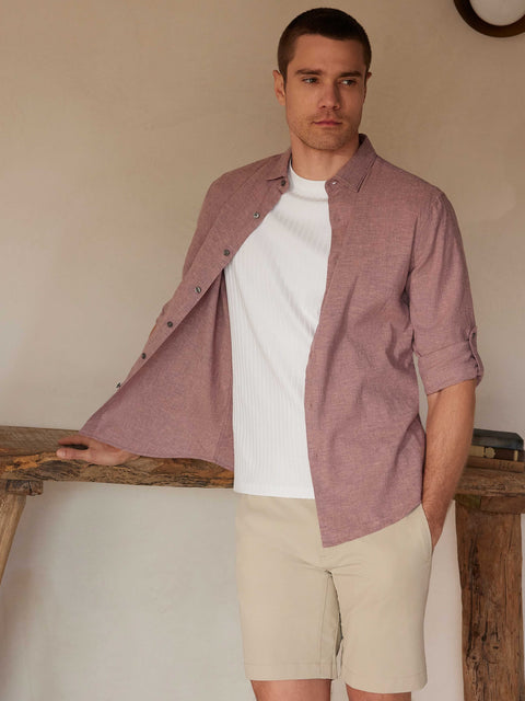 Untucked Slim Fit  Linen Blend Rolled Sleeve Shirt
