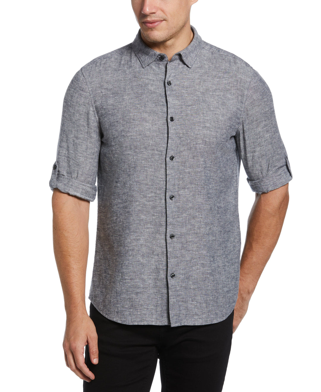 Untucked Slim Fit Linen Blend Rolled Sleeve Stripe Shirt (Navy) 