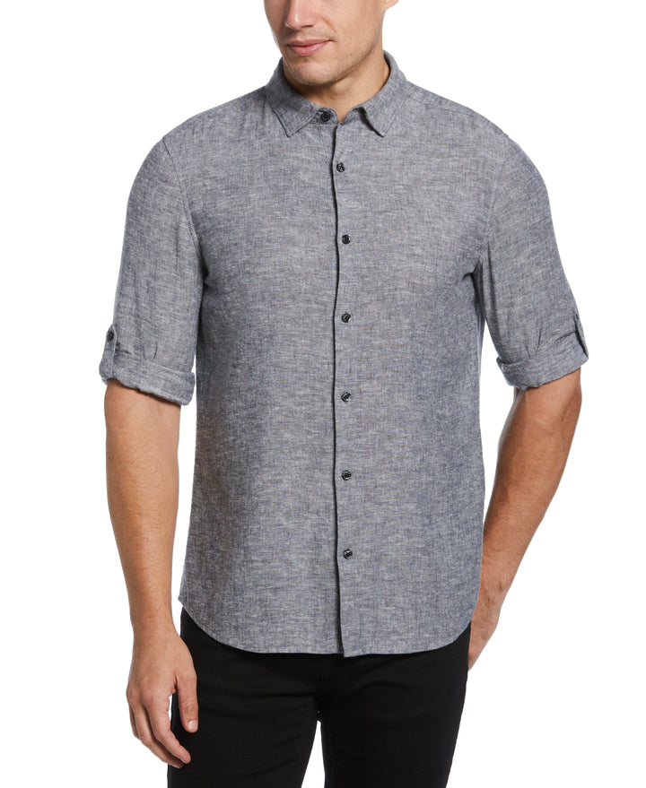 Untucked Slim Fit Linen Blend Rolled Sleeve Stripe Shirt (Navy) 