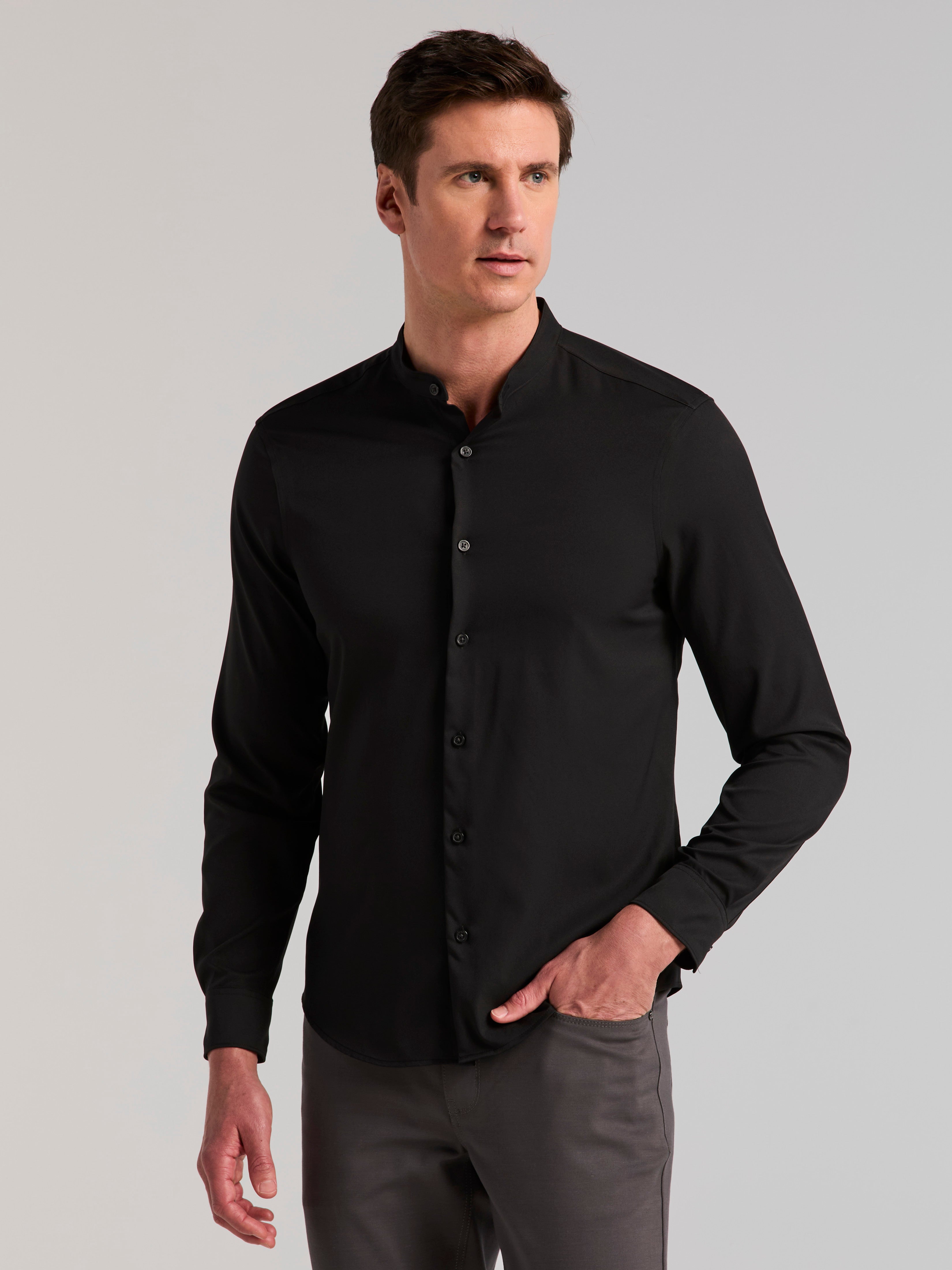 Men's Untucked Total Stretch Slim Banded Collar Shirt | Perry Ellis